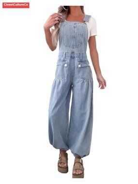 Womens Denim Bib Overalls Wide Leg Baggy Jeans Adjustable Strap Jumpsuit